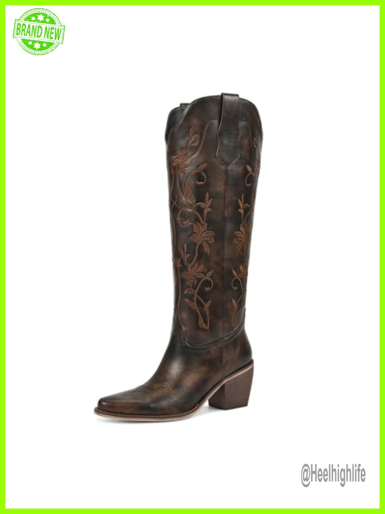 Cowboy Boots Womens Knee High Cowgirl Boots Embroidered Pointed Toe Block Heel